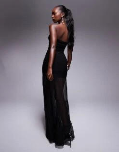 Kaiia Exclusive Bandeau Slinky Mesh Hem Maxi Dress In Black For Women -Kaiia Online Shop 207312895 3