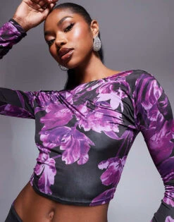 Kaiia Exclusive Low Back Slinky Long Sleeve Top And Maxi Skirt Co-ord In Purple Print -Kaiia Online Shop 207312924 1 blackandpurple 1