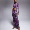 Kaiia Exclusive Low Back Slinky Long Sleeve Top And Maxi Skirt Co-ord In Purple Print -Kaiia Online Shop 207312924 2
