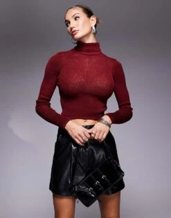 Kaiia Semi Sheer Roll Neck Jumper In Red For Women -Kaiia Online Shop 207323392 3