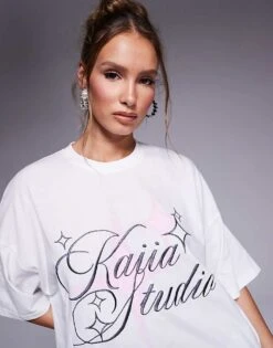 Kaiia Studio Embroidered Star Graphic T-shirt In White And Pink For Women -Kaiia Online Shop 207323513 3