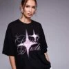 Kaiia Studio Embroidered Star Graphic T-shirt In Black And Pink For Women -Kaiia Online Shop 207323523 1 blackandpink