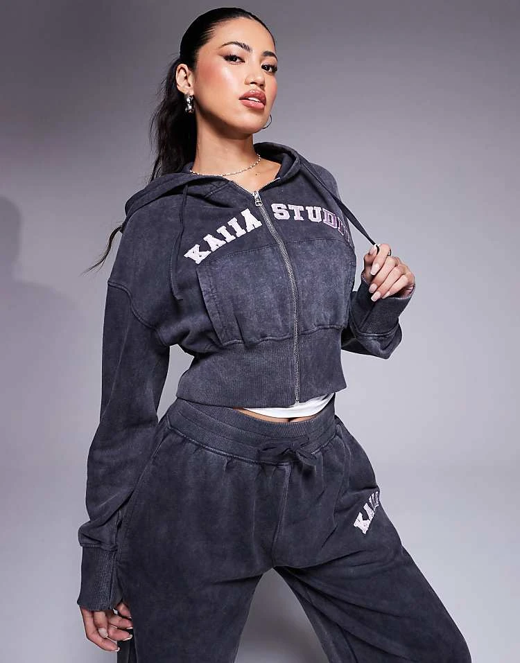 Kaiia Studio Fitted Zip Up Hoodie And Straight Leg Jogger Co-ord In Washed Grey And Pink 4 Kaiia Studio Fitted Zip Up Hoodie And Straight Leg Jogger Co-ord In Washed Grey And Pink - Image 2