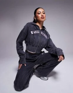 Kaiia Studio Fitted Zip Up Hoodie And Straight Leg Jogger Co-ord In Washed Grey And Pink