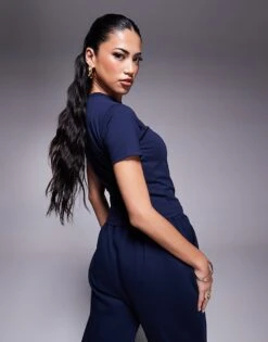 Kaiia Studio High Neck Baby Tee Co-ord In Navy For Women Navy White -Kaiia Online Shop 207369283 4