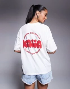 Kaiia Studio Bubble Logo Back Print Oversized T-shirt In White And Red For Women White Red -Kaiia Online Shop 207369303 3