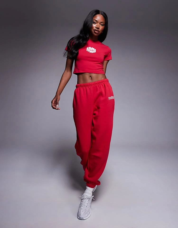 Kaiia Studio High Neck Baby Tee, Zip-up Hoodie And Joggers Co-ord In Red 3 Kaiia Studio High Neck Baby Tee, Zip-up Hoodie And Joggers Co-ord In Red