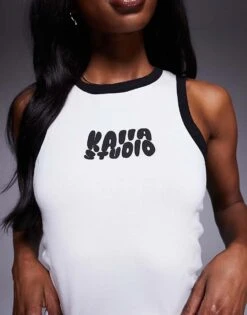Kaiia Studio Contrast Trim Wavy Logo Vest Top Co-ord In White And Black For Women -Kaiia Online Shop 207369373 2
