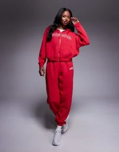 Kaiia Studio Bubble Logo Back Print Zip Up Hoodie, Baby Tee, And Joggers Co-ord In Red
