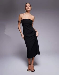 Kaiia Exclusive Bardot Buckle Detail Bodycon Midi Dress In Black For Women -Kaiia Online Shop 207370296 1 black 1