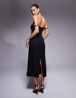 Kaiia Exclusive Bardot Buckle Detail Bodycon Midi Dress In Black For Women -Kaiia Online Shop 207370296 4