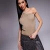 Kaiia Exclusive Ribbed Knit Off Shoulder Twist Detail Crop Top In Beige For Women -Kaiia Online Shop 207399205 1 beige