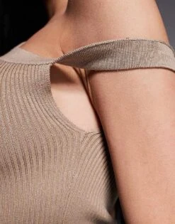 Kaiia Exclusive Ribbed Knit Off Shoulder Twist Detail Crop Top In Beige For Women -Kaiia Online Shop 207399205 4