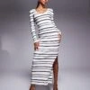 Kaiia Exclusive Knitted V Neck Side Split Maxi Dress In White And Black Brushed Stripe For Women Mono -Kaiia Online Shop 207399206 1 mono