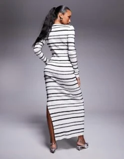 Kaiia Exclusive Knitted V Neck Side Split Maxi Dress In White And Black Brushed Stripe For Women Mono -Kaiia Online Shop 207399206 2