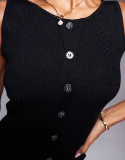 Kaiia Exclusive Wide Neck Sleeveless Knitted Button Through Skater Mini Dress In Black For Women -Kaiia Online Shop 207399236 4