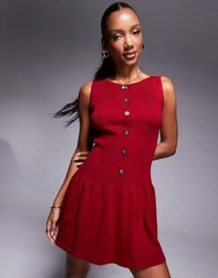 Kaiia Exclusive Wide Neck Sleeveless Knitted Button Through Skater Mini Dress In Cherry Red For Women -Kaiia Online Shop 207399246 4
