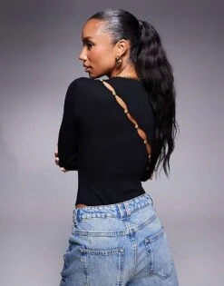 Kaiia Exclusive Asymmetric Button Back Knitted Long Sleeve Bodysuit In Black For Women