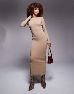 Kaiia Exclusive Asymmetric Button Back Knitted Long Sleeve Maxi Dress In Mocha For Women -Kaiia Online Shop 207399299 4