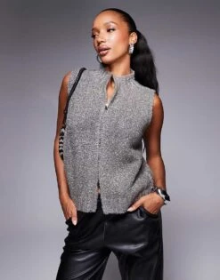 Kaiia Exclusive Funnel Neck Boucle Knitted Zip Through Sleeveless Jumper In Charcoal For Women