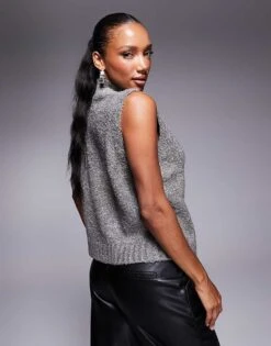 Kaiia Exclusive Funnel Neck Boucle Knitted Zip Through Sleeveless Jumper In Charcoal For Women -Kaiia Online Shop 207399321 3