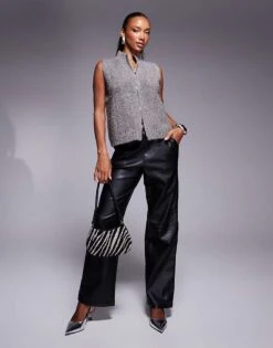 Kaiia Exclusive Funnel Neck Boucle Knitted Zip Through Sleeveless Jumper In Charcoal For Women -Kaiia Online Shop 207399321 4