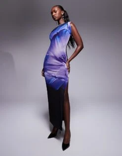 Kaiia Mesh Thigh Split One Shoulder Twist Detail Maxi Dress In Purple Floral For Women