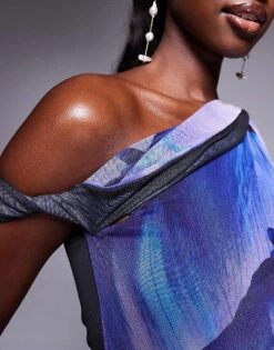 Kaiia Mesh Thigh Split One Shoulder Twist Detail Maxi Dress In Purple Floral For Women -Kaiia Online Shop 207422051 3