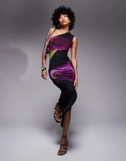 Kaiia Twist Shoulder Maxi Dress In Black And Purple Lily Print For Women