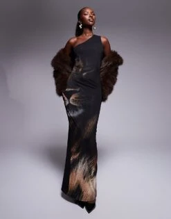 Kaiia Mesh Leopard Print Maxi Dress With Asymmetric Knot Back Cut Out Detail In Black For Women