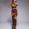 Kaiia X Sasha Corte Floral Print Twist Shoulder Crop Top And Maxi Skirt Co-ord In Chocolate Brown -Kaiia Online Shop 207422416 2