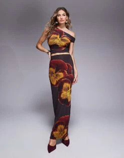 Kaiia X Sasha Corte Floral Print Twist Shoulder Crop Top And Maxi Skirt Co-ord In Chocolate Brown