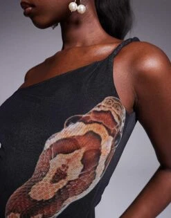 Kaiia Mesh Snake Print Twist Shoulder Maxi Dress In Black For Women Black -Kaiia Online Shop 207422447 3