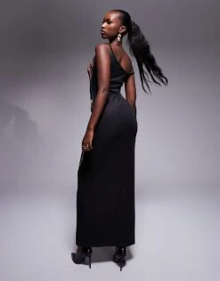 Kaiia Mesh Snake Print Twist Shoulder Maxi Dress In Black For Women Black -Kaiia Online Shop 207422447 4