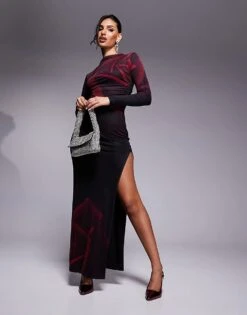 Kaiia X Sasha Corte Exclusive High Neck Thigh Split Slinky Mesh Maxi Dress In Burgundy Rose Print For Women