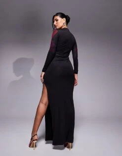 Kaiia X Sasha Corte Exclusive High Neck Thigh Split Slinky Mesh Maxi Dress In Burgundy Rose Print For Women -Kaiia Online Shop 207422508 3