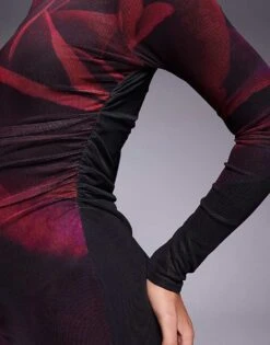 Kaiia X Sasha Corte Exclusive High Neck Thigh Split Slinky Mesh Maxi Dress In Burgundy Rose Print For Women -Kaiia Online Shop 207422508 4