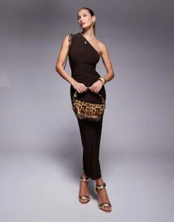 Kaiia Exclusive Slinky One Shoulder Drawstring Detail Bodycon Midaxi Dress In Chocolate For Women