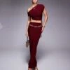 Kaiia Slinky Ruched Off Shoulder Drawstring Top And Maxi Skirt Co-ord In Burgundy -Kaiia Online Shop 207426623 2