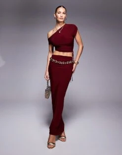 Kaiia Slinky Ruched Off Shoulder Drawstring Top And Maxi Skirt Co-ord In Burgundy