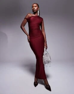 Kaiia Exclusive Slinky Twist Off Shoulder Bodycon Maxi Dress In Burgundy For Women