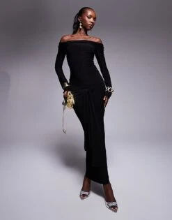 Kaiia Exclusive Slinky Bardot Tie Side Drape Detail Maxi Dress In Black For Women