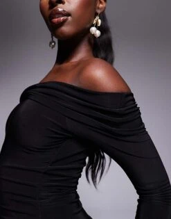 Kaiia Exclusive Slinky Bardot Tie Side Drape Detail Maxi Dress In Black For Women -Kaiia Online Shop 207472590 3