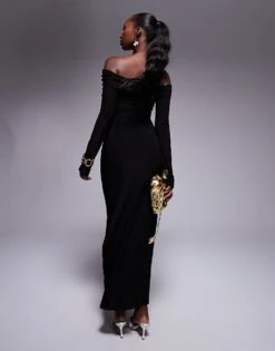 Kaiia Exclusive Slinky Bardot Tie Side Drape Detail Maxi Dress In Black For Women -Kaiia Online Shop 207472590 4