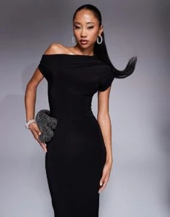 Kaiia Exclusive Slinky Drape Off Shoulder Bodycon Maxi Dress In Black For Women -Kaiia Online Shop 207472621 1 black 1