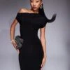 Kaiia Exclusive Slinky Drape Off Shoulder Bodycon Maxi Dress In Black For Women -Kaiia Online Shop 207472621 1 black