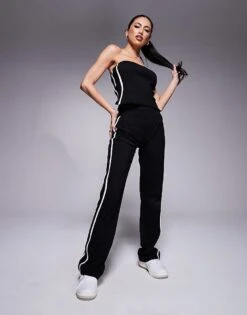 Kaiia Bandeau Stripe Top And Yoga Pant Co-ord In Black -Kaiia Online Shop 207489668 1 black