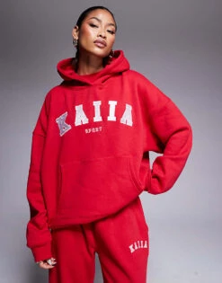 Kaiia Sport Hoodie, Longline Baby Tee And Wide Leg Jogger Co-ord In Red -Kaiia Online Shop 207489796 1 red