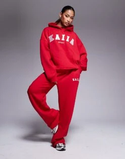 Kaiia Sport Hoodie, Longline Baby Tee And Wide Leg Jogger Co-ord In Red