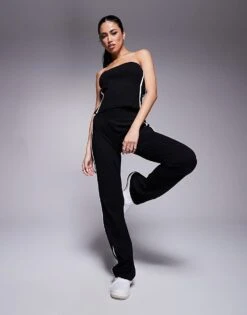 Kaiia Bandeau Stripe Top And Yoga Pant Co-ord In Black